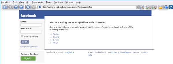screenshot from facebook's website saying facebook is not cool enough
to support my webbrowser and that I should keep it
real.