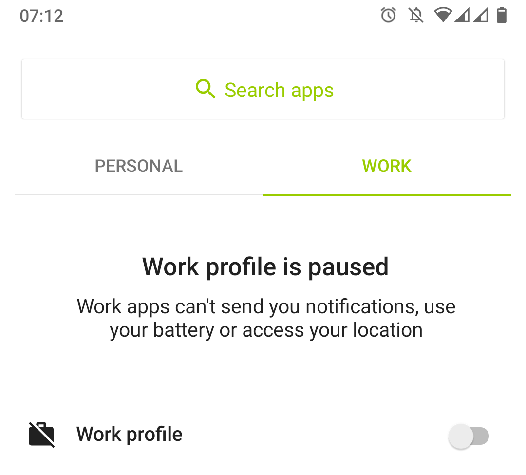 Screenshot of paused work profile