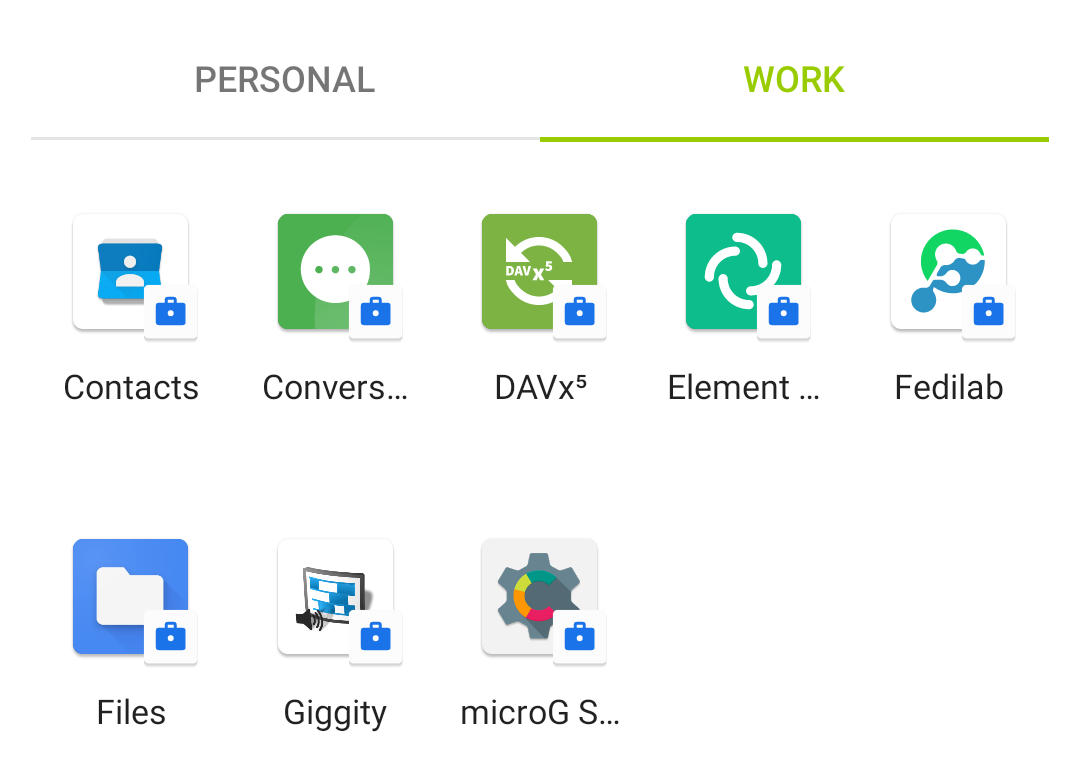 Screenshot of apps in work profile