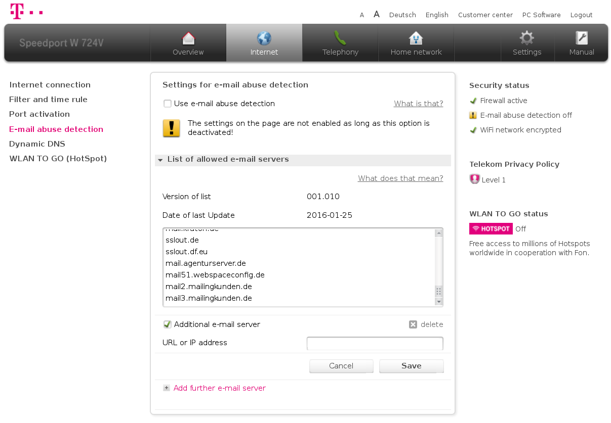 Settings for Telekom router